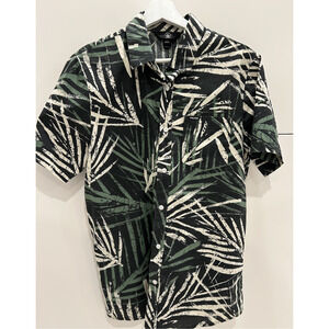 Volcom Men's M Black Green White Leaf Palm Print Button Down Shirt Aloha Hawaii